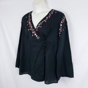Venezia Embroidered Peasant Top Wrap Womens 18/20 Black Long Sleeve Boho Cotton